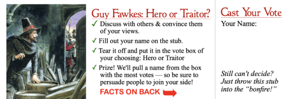 Ticket for voting on Guy Fawkes as hero or villain: front